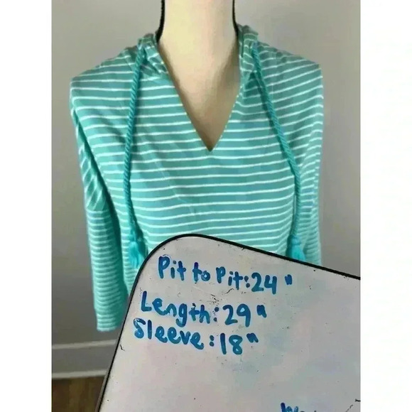 Coolibar Key Colony Beach Hoodie Blue Striped Tassel UPF 50 Stretch S - Picture 11 of 12